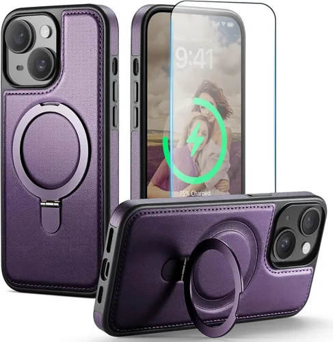 Vista 22 de Funda para iPhone 13 con soporte compatible con Magsafe, color negro Magnetic Kickstand, with Tempered Glass Screen Protector, Durable PU Leather