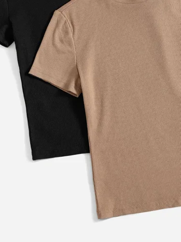 Vista 4 de Verdusa Paquete de 2 camisetas básicas de manga corta con cuello alto falso para mujer