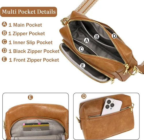 Vista 3 de Bolsos cruzados pequeños para mujer, bolsos cruzados de viaje de cuero vegano, bolsos de hombro con correa de guitarra y correa de cuero