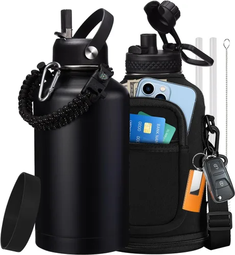 Vista 14 de Botellas de agua de 32 onzas aisladas con pajita y tapa para beber de un sorbo, asa de paracord, bolsa de transporte con correa, termo de triple