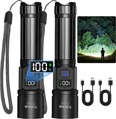 Vista 10 de TrixHub Linternas recargables de alto lúmenes, luz de flash de 5 modos con pantalla digital LCD, linterna táctica ajustable, linterna táctica