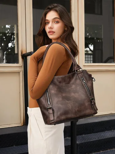 Vista 2 de CLUCI - Bolsos de cuero vegano para mujer, bolso grande y de hombro tipo hobo 00-café oscuro