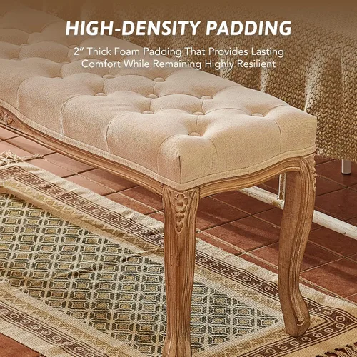 Vista 8 de VONLUCE Banco de comedor vintage con asiento acolchado y patas de madera de goma, banco tapizado de entrada de 44 pulgadas con espuma viscoelástica
