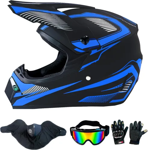 Vista 9 de Casco de motocross ATV motocicleta de cara completa todoterreno E Bike casco DOT con gafas y guantes máscara de rayas azules M (22.0-22.4 in)