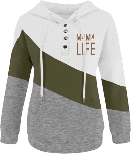 Vista 4 de BEUU - Sudadera con capucha con estampado de letras de mamá para mujer, casual, manga larga, con cordón, suéter con botones, 20210926-1-1, M