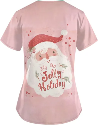 Vista 2 de Christmas Scrub Tops Women Casual Cozy Print Nurse Uniforms Women Short Sleeve V Neck Shirts Tee Tops with Pocket
