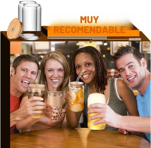 Vista 5 de DWTS DANWEITESI Vasos de vidrio con tapas y pajitas, 4 piezas, juego de vasos de 16 onzas para accesorios de barra de café, tazas de café helado