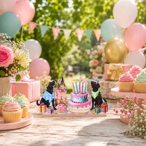 Vista 3 de Bandeja escalonada de madera para tartas de fiesta de perro con diseño de sonrisa de cumpleaños with Stands for Birthday Pet Party Home Kitchen