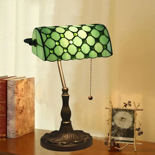 Vista 2 de Green Bankers - Lámpara de mesa vintage, luz de escritorio retro, lámpara de escritorio de oficina de vidrieras Tiffany, lámpara de cuentas