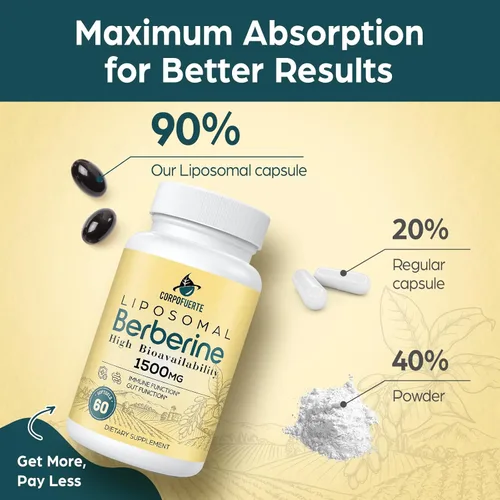 Vista 6 de Berberina liposomal HCl 1500 mg - Suplemento de berberina activa AMPK - Apoya el equilibrio corporal en mujeres y hombres - Probado por terceros