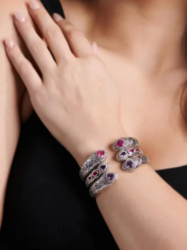 Vista 2 de Pulsera de plata de ley 925 y oro de 18 quilates con piedras preciosas de filigrana Bali