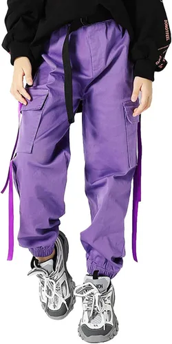 Vista 17 de Rolanko - Pantalones cargo para niñas, ropa callejera holgada, de hip hop, para bailar, de algodón, jogger para niños de 4 a 15 años Verde militar