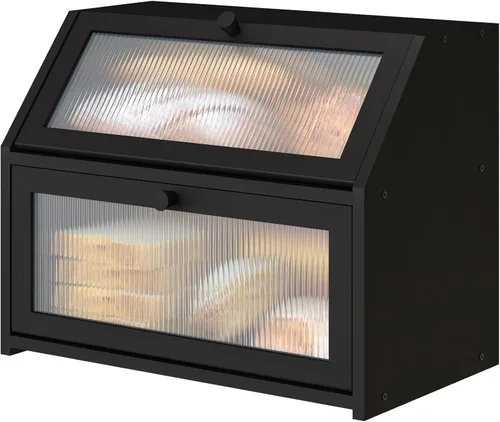 Vista 13 de Caja de pan extra grande negra para mostrador de cocina, caja de pan de bambú de doble capa grande, capacidad de almacenamiento de pan de madera