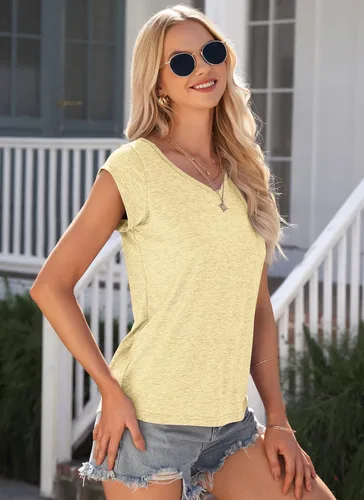 Vista 4 de AUSELILY Camiseta de manga casquillo para mujer, estilo casual, ajuste holgado