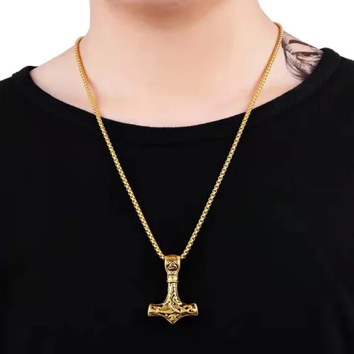 Vista 5 de Collar de martillo de Thor vikingo, collar con colgante de amuleto nórdico Mjolnir, joyería de símbolo pagano celta Oro