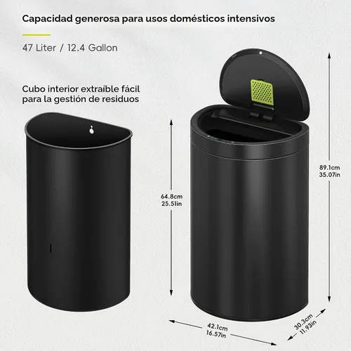 Vista 2 de EKO Mirage - Cubo de basura semicircular con sensor de movimiento de 47 litros/12.4 galones, cubo de basura automático para cocina con compartimento