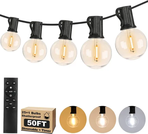Vista 22 de Bosceos Tira de luces LED G40 para exteriores, 25 pies, regulables, inastillables, impermeables, con 12+2 bombillas conectables, luz colgante Blanco