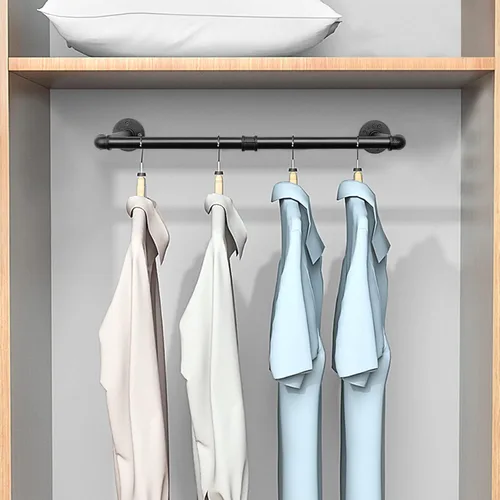 Vista 9 de Perchero Industrial de Tubo de Hierro para Colgar Ropa, Barra de Ropa Montada en Pared DIY, Estante de Ropa de Alta Resistencia para Dormitorio Negro