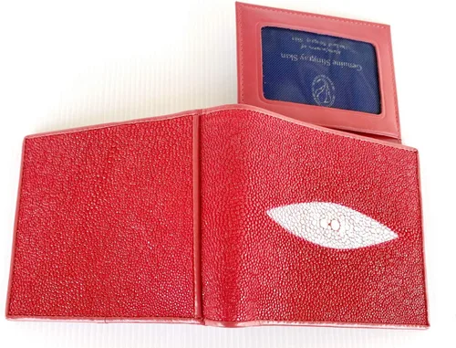 Vista 4 de Cuero auténtico de la piel de Stingray 1 ojo hombre bifold brillante rojo cartera
