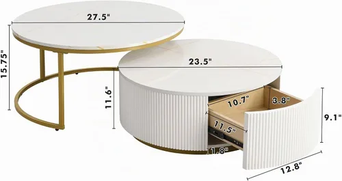 Vista 2 de Moderna mesa de centro redonda multifuncional acanalada con cajón mesa auxiliar para sala de estar, color blanco y dorado 27.5"d+23.5"d blanco y oro