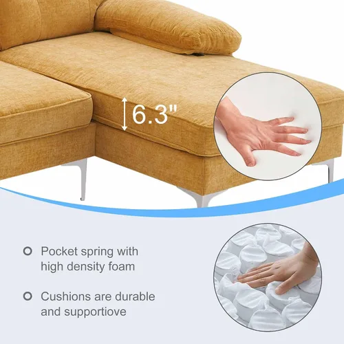 Vista 6 de Moderno sofá modular en forma de L de 85 pulgadas, felpilla con patas de hierro y diván, sofá modular de interior simple y elegante para sala