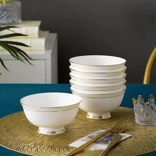 Vista 8 de Tazones de cerámica para sopa – Cuencos pequeños con borde dorado de 10 onzas – Porcelana de hueso premium – para helado, arroz, guarnición