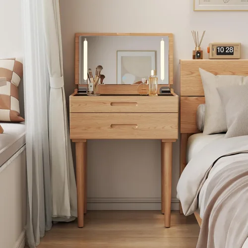Vista 15 de Muwuele Escritorio pequeño de madera maciza con espejo y luces, tocador de maquillaje estrecho para espacios pequeños, mesa auxiliar de tocador