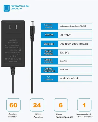 Vista 5 de ALITOVE Fuente de alimentación de 24V CC 2.5A 60W Transformador de 24 voltios Adaptador de corriente CA 4.92 pies 2500mA 2A Convertidor de CA a CC