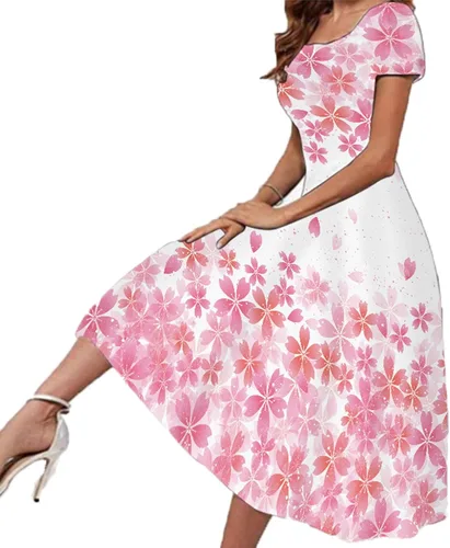Vista 3 de Vestido de verano para mujer, estampado floral, elegante, de manga corta, fluido, vestido largo casual, a la moda, para fiestas, uso diario