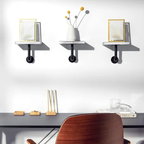 Vista 4 de Navaris Juego de estantes industriales para tuberías, 3 estantes pequeños de madera con soportes de tubo negros, estantería de madera montada