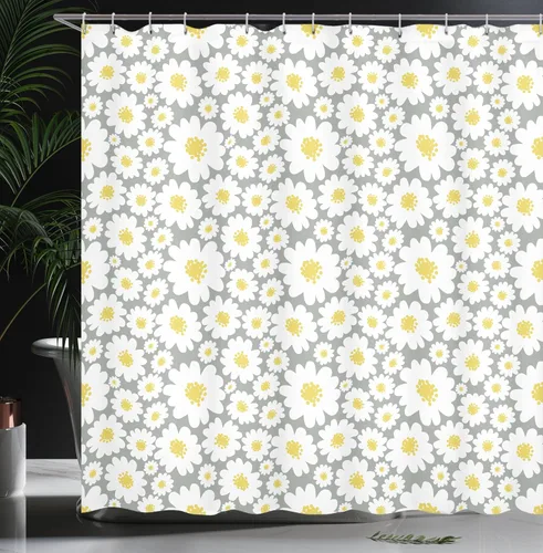 Vista 3 de Ambesonne Cortina de ducha floral, diseño de margaritas con diseño de caricaturas para temporada de primavera, juego de decoración de baño de tela