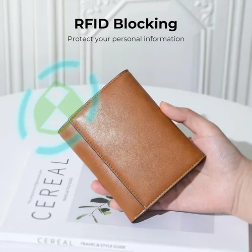 Vista 4 de Alldaily Billetera pequeña con bloqueo RFID de triple pliegue, billetera delgada para tarjetas de crédito con bolsillo con cremallera (marrón)