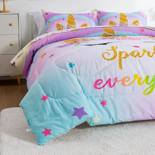 Vista 4 de NTBED Juego de edredón individual de unicornio con sábanas, juego de ropa de cama individual de 5 piezas para niñas, microfibra ligera, arcoíris