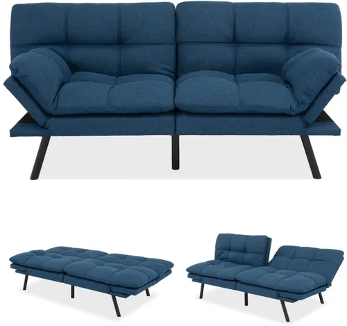 Vista 5 de MUUEGM Sofá cama futón de espuma viscoelástica, moderno sofá de oficina de tela azul, sofá convertible para espacios pequeños, apartamento, oficina