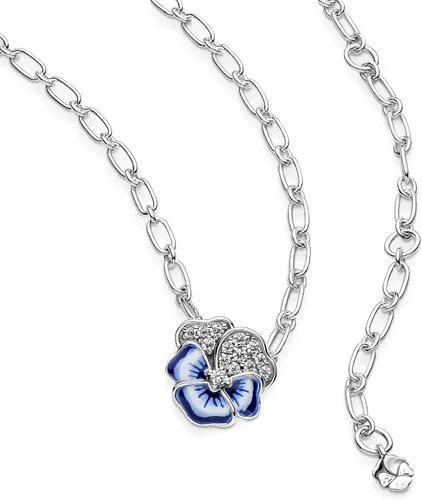 Vista 4 de PANDORA Collar con colgante de flor de pensamiento azul, Esmalte, Circonia cúbica