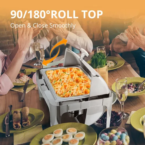 Vista 4 de ROVSUN Juego de 3 platos de bufé con tapa enrollable, 9 cuartos de galón de acero inoxidable NSF rectangular para catering, servidores de bufé