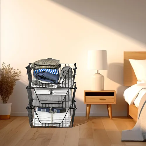 Vista 3 de SANNO Cestas apilables de alambre negras apilables para almacenamiento de verduras, despensa, refrigerador y organización de baño, paquete de 3