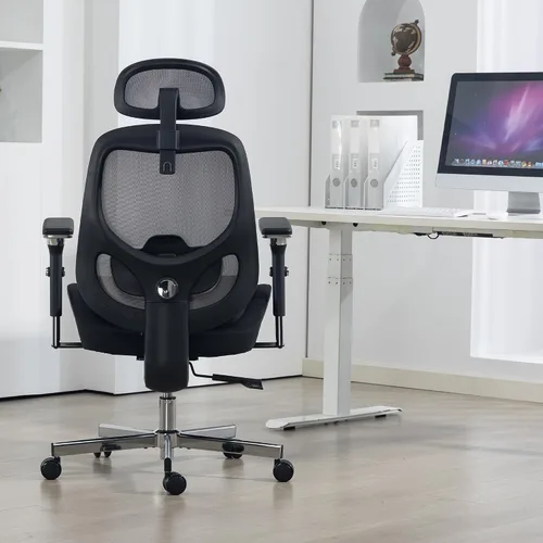 Vista 2 de Silla de oficina ejecutiva grande y alta, silla de escritorio ergonómica de malla cómoda con brazos 4D y asiento extra ancho, reposacabezas