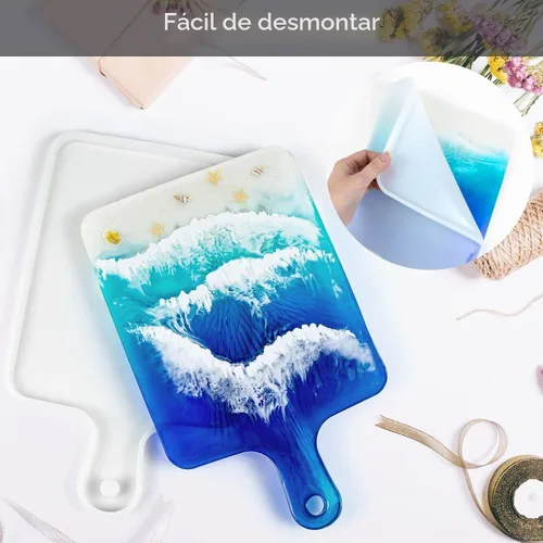 Vista 5 de Moldes de bandeja de silicona de resina, molde de fundición de epoxi para bricolaje, tabla de cortar rectangular grande con asa, esencial de cocina