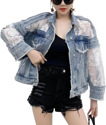 Vista 2 de ebossy Chaqueta de mezclilla para mujer, con bordado floral, con encaje, rasgada, desgastada