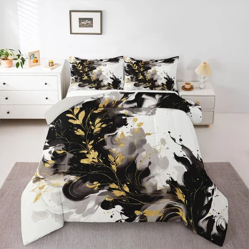 Vista 41 de Feelyou Juego de edredón abstracto para todas las estaciones, juego de ropa de cama negro y azul con 1 funda de almohada con estampado de mármol