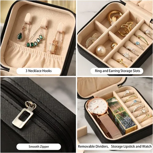 Vista 5 de Joyero de viaje, mini cajas de viaje portátiles para joyas, pequeño organizador de joyas para anillos, aretes, colgantes, relojes, collares, lápices