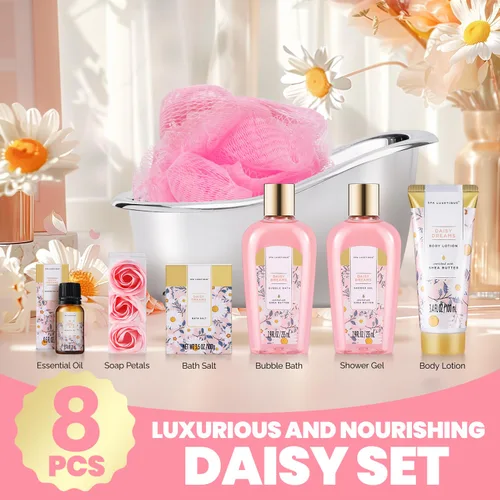 Vista 2 de Regalos de cuidado personal para mujeres, Spa Luxetique, 8 cestas de regalo para el baño y el cuerpo de margaritas para ella, juego de baño con baño