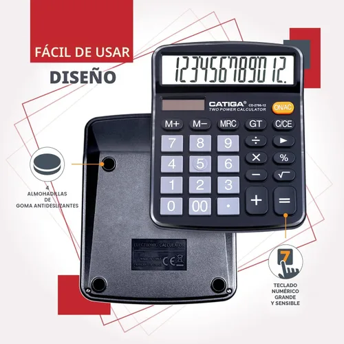 Vista 5 de CATIGA CD-2786 - Calculadora de escritorio de 12 dígitos con pantalla LCD grande y botón sensible, energía solar dual y batería, función estándar