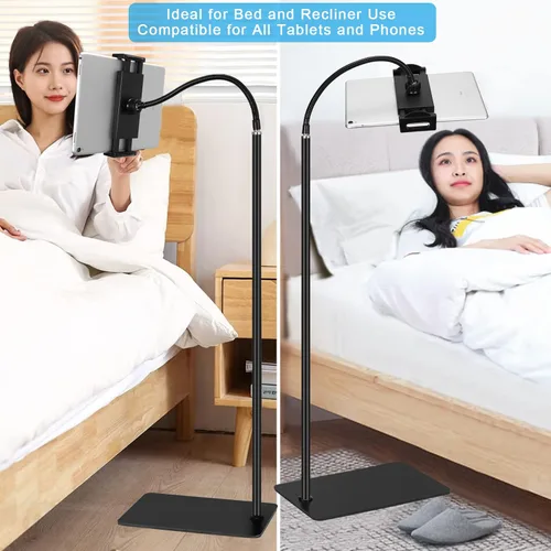 Vista 3 de Soporte de suelo para tableta con base de doble peso, soporte de metal giratorio de 360 grados con soporte flexible de cuello de cisne de brazo