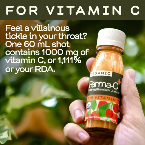 Vista 2 de Jugo de invernadero orgánico Farma-C+ Wellness Shots Vitamina C Inmune Shot prensado en frío con naranja, cereza de acerola, bayas de espino