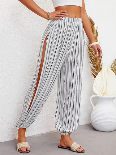 Vista 5 de Yanekop Pantalones hippie harén para mujer ropa de yoga bohemia cintura fruncida pantalones de playa palazzo