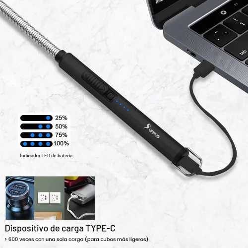 Vista 3 de Encendedor de velas eléctrico SUPRUS USB tipo C recargable, con carcasa de acero y gancho para colgar con cuello flexible de 360° (negro)