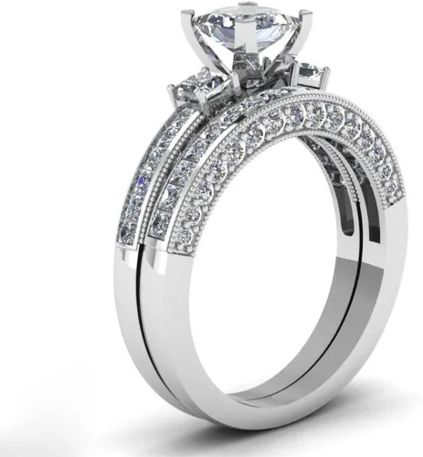 Vista 7 de LOVERSRING Juego de 3 anillos para parejas para él y para ella para mujer chapado en oro blanco corazón y titanio anillo de boda