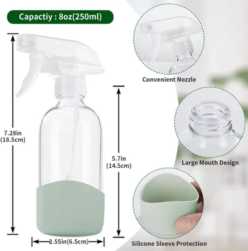 Vista 2 de HOMBYS Botellas vacías de vidrio transparente de 8 onzas con protección de funda de silicona, recipientes recargables para soluciones de limpieza